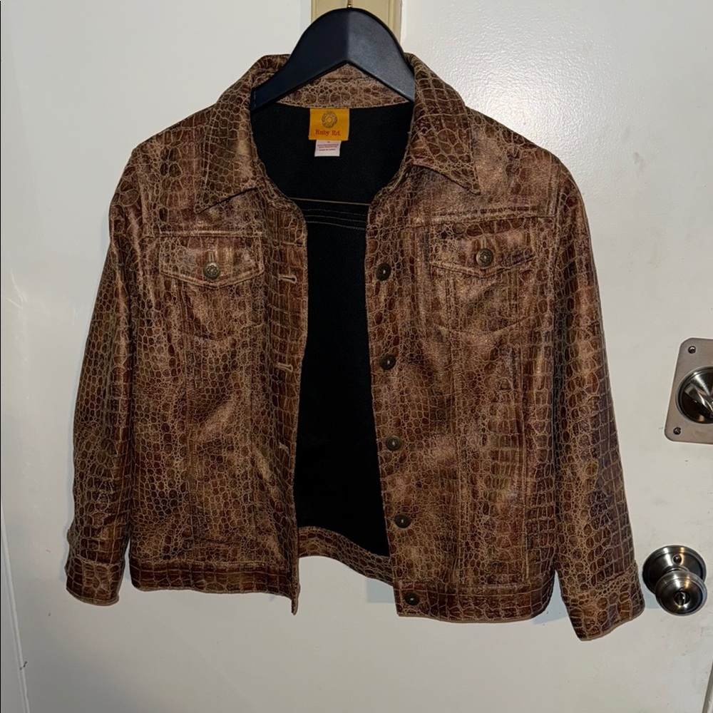 Ruby Rd. Brown Croc-Embossed Faux Leather Jacket